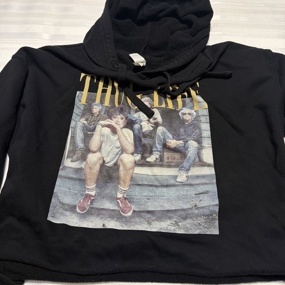 Golden Girls Thug Life Cropped Hoodie Black Graphic Sweatshirt Raw Hem Small